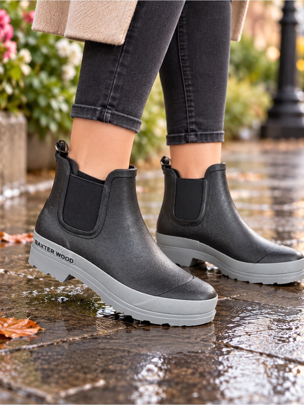 Baxter Wood Hevea Chelsea Rain Boots Black Gray Size 7 NWT